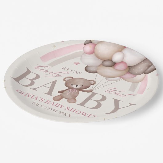 Teddy Bear Ballon Bearly Wait Pink Baby Dusche Pappteller (Schrägansicht)