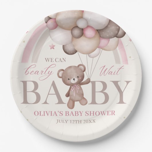 Teddy Bear Ballon Bearly Wait Pink Baby Dusche Pappteller (Vorderseite)
