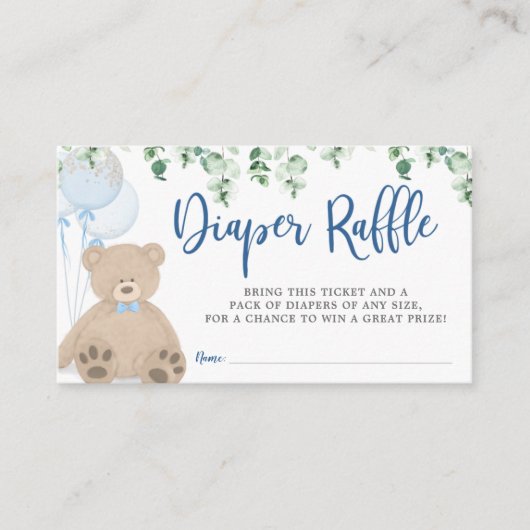 Teddy Bear Ballon Eukalyptus Diaper Raffle Ticket Begleitkarte (Vorderseite)