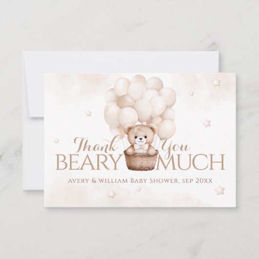 Teddy Bear Ballon Neutral Baby Dusche Dankeskarte (Vorderseite)