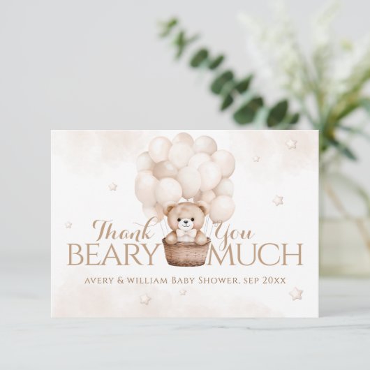 Teddy Bear Ballon Neutral Baby Dusche Dankeskarte (Stehend Vorderseite)