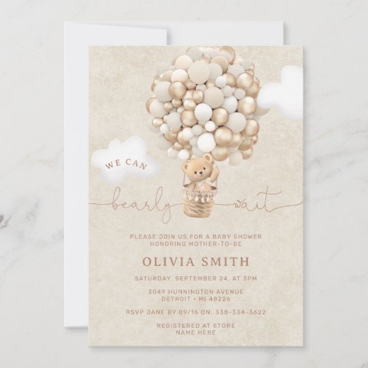 Teddy Bear Ballon Neutral Bearly Wait Baby Shooter Einladung (Vorderseite)