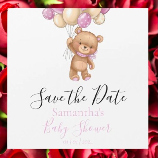 Teddy Bear Ballon Pink Baby Dusche Save the Date Magnetkarte