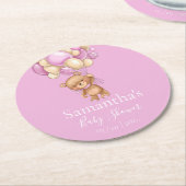 Teddy Bear Ballon Pink Babydusche Runder Pappuntersetzer (Angewinkelt)