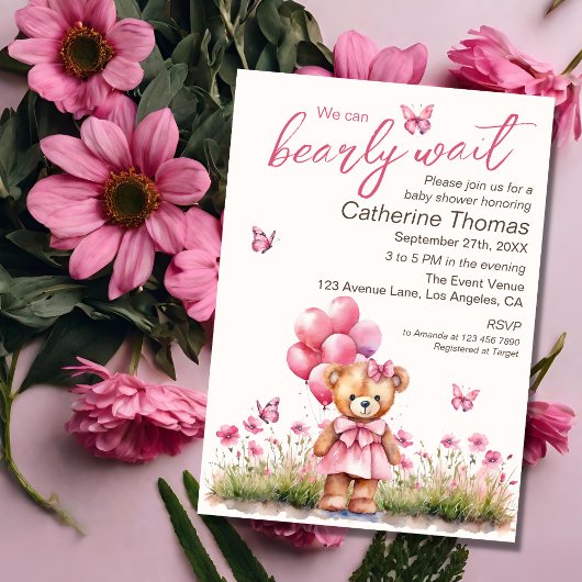 Teddy Bear Ballon Pink Butterfly Girl Babydusche Einladung