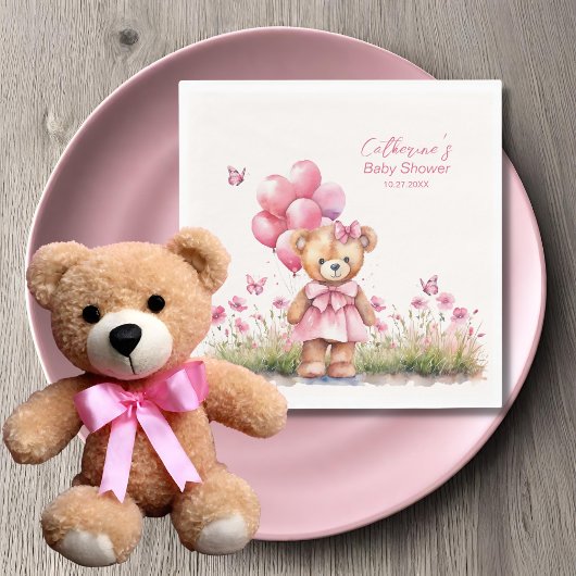 Teddy Bear Ballon Pink Butterfly Girl Babydusche Serviette