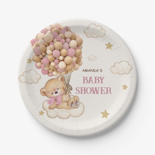 Teddy Bear Ballons Beige Pink Babydusche Pappteller (Vorderseite)