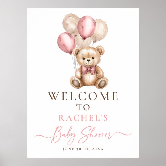 Teddy Bear Balloon Baby Girl Dusche Willkommenspen Poster (Vorne)