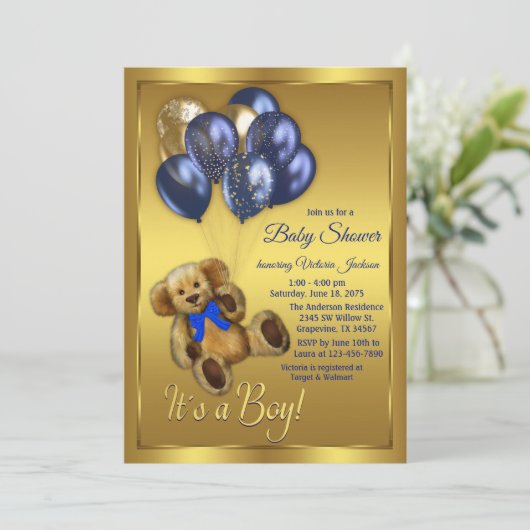 Teddy Bear Balloon Baby Shower Einladung (Stehend Vorderseite)