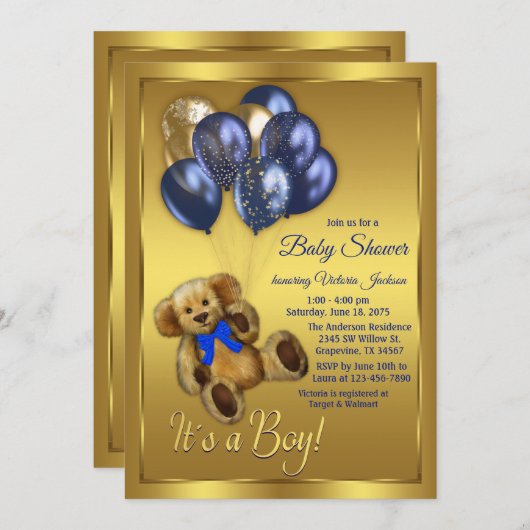 Teddy Bear Balloon Baby Shower Einladung (Vorne/Hinten)
