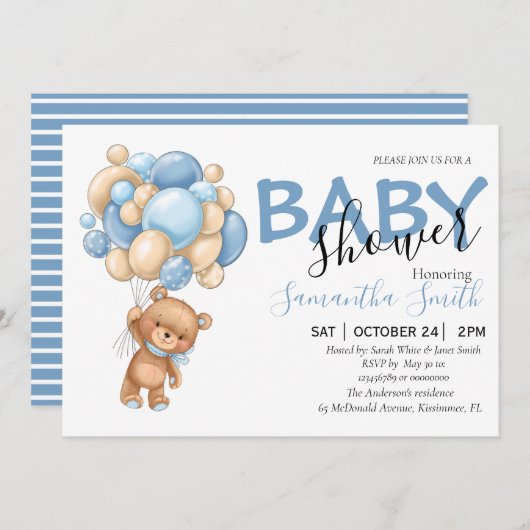 Teddy Bear Balloon Baby Shower Einladungen (Vorne/Hinten)