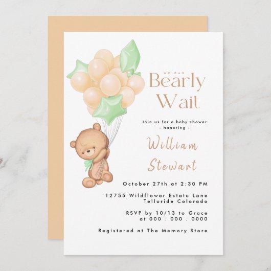 Teddy Bear Balloon Baby Wait Baby Shooter Einladung (Vorne/Hinten)