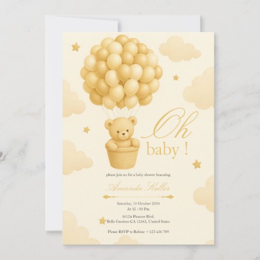 Teddy Bear Balloon Babydusche Einladung (Vorderseite)