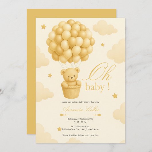 Teddy Bear Balloon Babydusche Einladung (Vorne/Hinten)