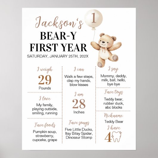 Teddy Bear Balloon Beary First Year Meilenstein-Ze Poster (Vorne)