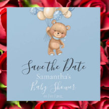 Teddy Bear Balloon Blue Baby Dusche Save the Date