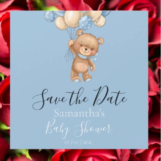 Teddy Bear Balloon Blue Baby Dusche Save the Date Magnetkarte