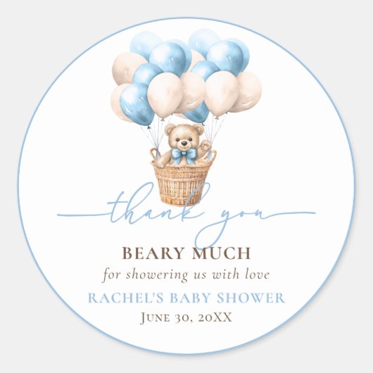 Teddy Bear Balloon Blue Baby Dusche Vielen Dank Runder Aufkleber (Vorderseite)