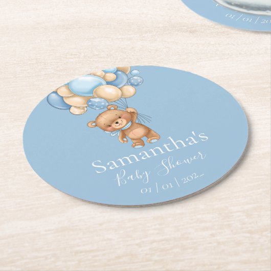 Teddy Bear Balloon Blue Babydusche Runder Pappuntersetzer (Angewinkelt)