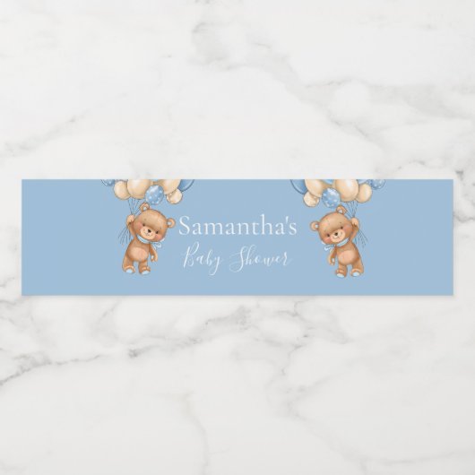 Teddy Bear Balloon Blue Babydusche Wasserflaschenetikett (Einzelnes Label)