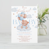 Teddy Bear Balloon Blue Bearly Wait Baby Dusche Einladung (Stehend Vorderseite)