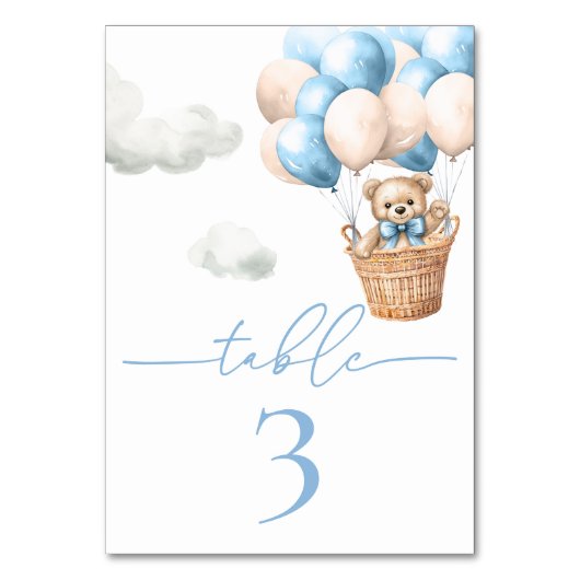 Teddy Bear Balloon Blue Boy Baby Dusche Tischnummer (Vorderseite)