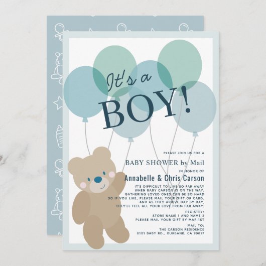 Teddy Bear Balloon Blue Boy Baby Showdown by Mail Einladung (Vorne/Hinten)