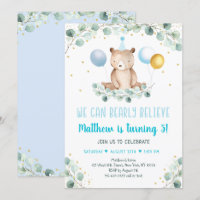 Teddy Bear Balloon Blue Gold Greenery Geburtstag