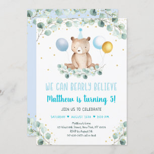 Teddy Bear Balloon Blue Gold Greenery Geburtstag Einladung