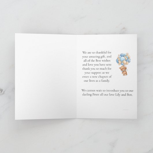 Teddy Bear Balloon Blue So Dankbarkeit Karte (Innenseite)