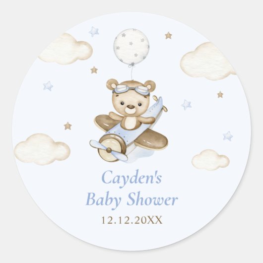 Teddy Bear Balloon Boy Bearly Wait Baby Dusche Runder Aufkleber (Vorderseite)