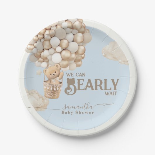 Teddy Bear Balloon Boy Blue Baby Dusche Pappteller (Vorderseite)