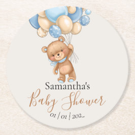 Teddy Bear Balloon Brown Blue Baby Showdown Round Runder Pappuntersetzer
