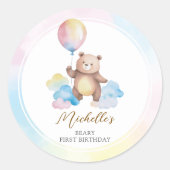 Teddy Bear Balloon Clouds Beary First Birthday Runder Aufkleber (Vorderseite)