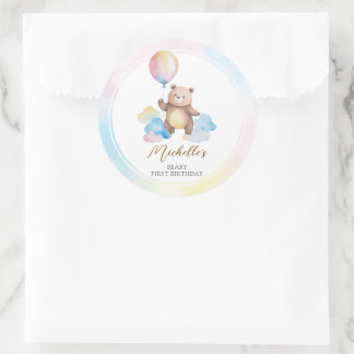 Teddy Bear Balloon Clouds Beary First Birthday Runder Aufkleber