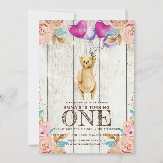 Teddy Bear Balloon Erster Geburtstag Rustikal Einladung (Vorderseite)