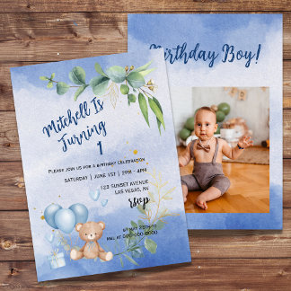 Teddy Bear Balloon Eucalyptus Erstes GeburtstagsFo Einladung