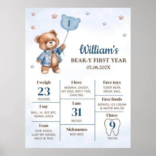 Teddy Bear Balloon First Birthday Milestone Zeiche Poster (Vorne)