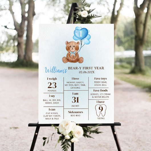 Teddy Bear Balloon First Birthday Milestone Zeiche Poster