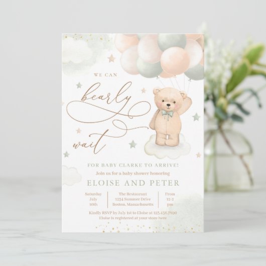 Teddy Bear Balloon Gender Neutral Baby Dusche Einladung (Stehend Vorderseite)