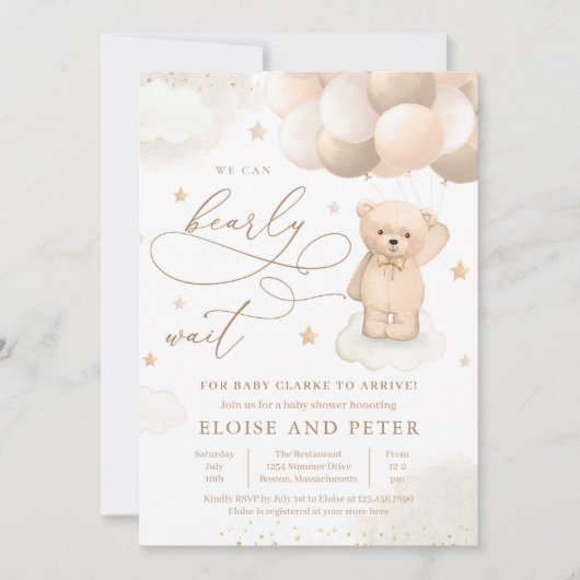 Teddy Bear Balloon Gender Neutral Baby Dusche Einladung (Vorderseite)