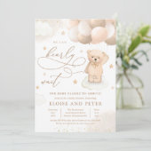 Teddy Bear Balloon Gender Neutral Baby Dusche Einladung (Stehend Vorderseite)