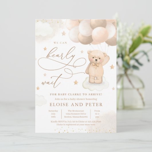 Teddy Bear Balloon Gender Neutral Baby Dusche Einladung (Stehend Vorderseite)