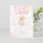 Teddy Bear Balloon Girl Bearly Wait Baby Shooter Einladung (Stehend Vorderseite)