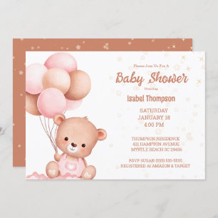 Teddy Bear Balloon Girls Babydusche Einladung