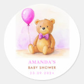 Teddy Bear Balloon Pastel Pink Brown Babydusche Runder Aufkleber (Vorderseite)