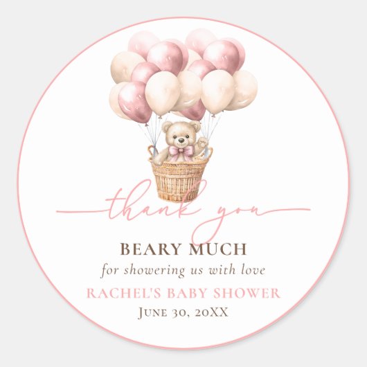 Teddy Bear Balloon Pink Babydusche Danke Runder Aufkleber (Vorderseite)