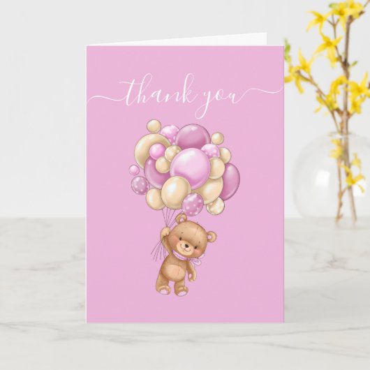 Teddy Bear Balloon PINK Danke Karte (Gelbe Blume)