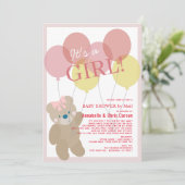 Teddy Bear Balloon Pink Girl Baby Dusche by Mail Einladung (Stehend Vorderseite)
