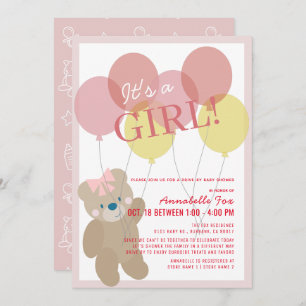 Teddy Bear Balloon Pink Girl Drive by Baby Shower Einladung